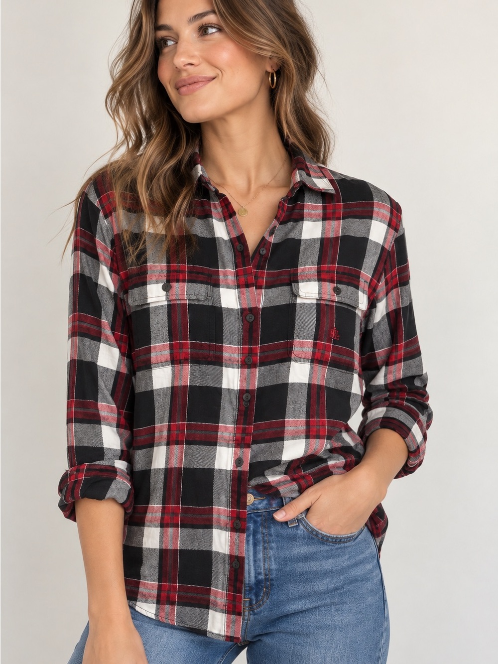 Lauren Ralph Lauren Plaid Flannel Shirt Women’s M Red Black Cotton Button Down